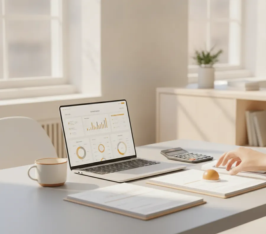 A bright accounting desk with a laptop showing a dashboard