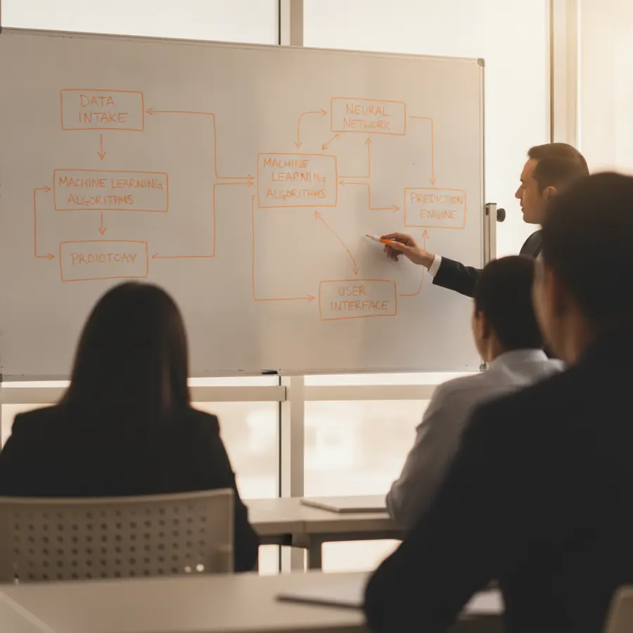 A coach drawing a process map on a whiteboard for two people