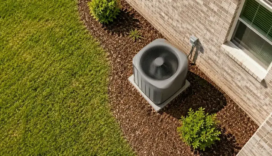 An air conditioning unit beside a brick house, seen from above