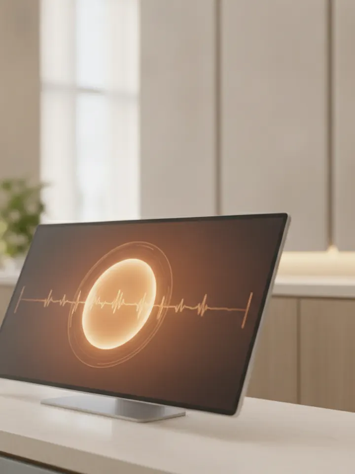 A quiet front desk; the screen shows the AI voice agent's waveform