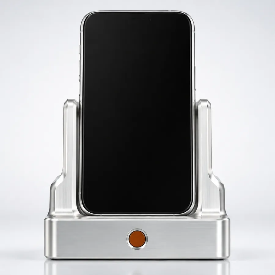 A phone standing in a platinum dock, its screen dark