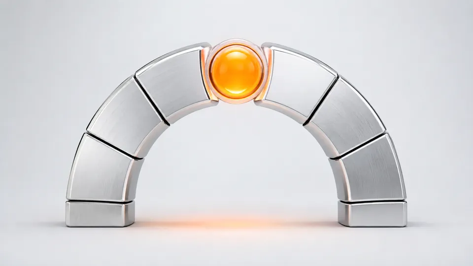 A platinum arch with its amber core lit and its joints still dark