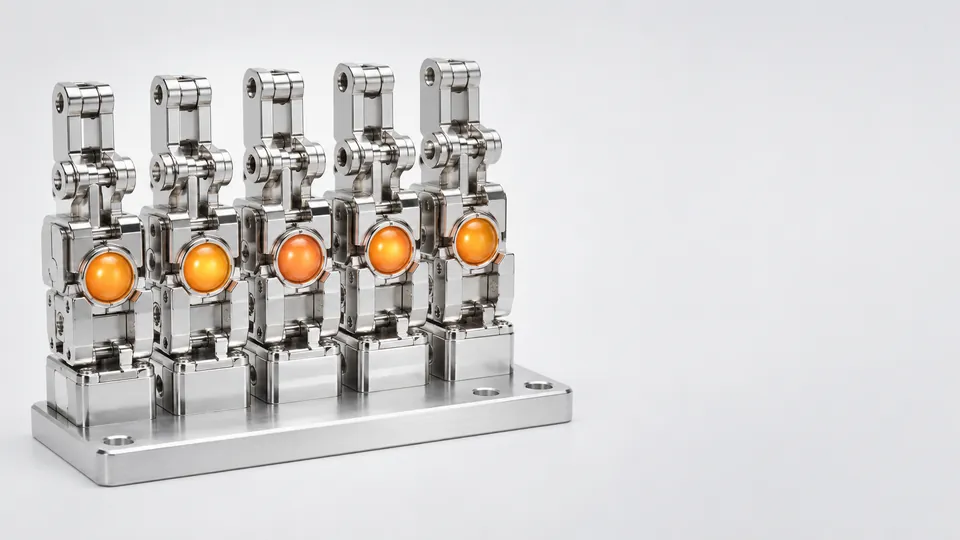 A row of platinum relays, each with an amber core