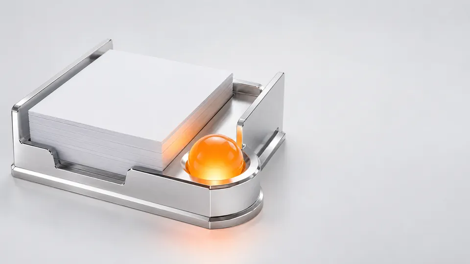 A platinum document tray holding a stack of pages beside an amber light